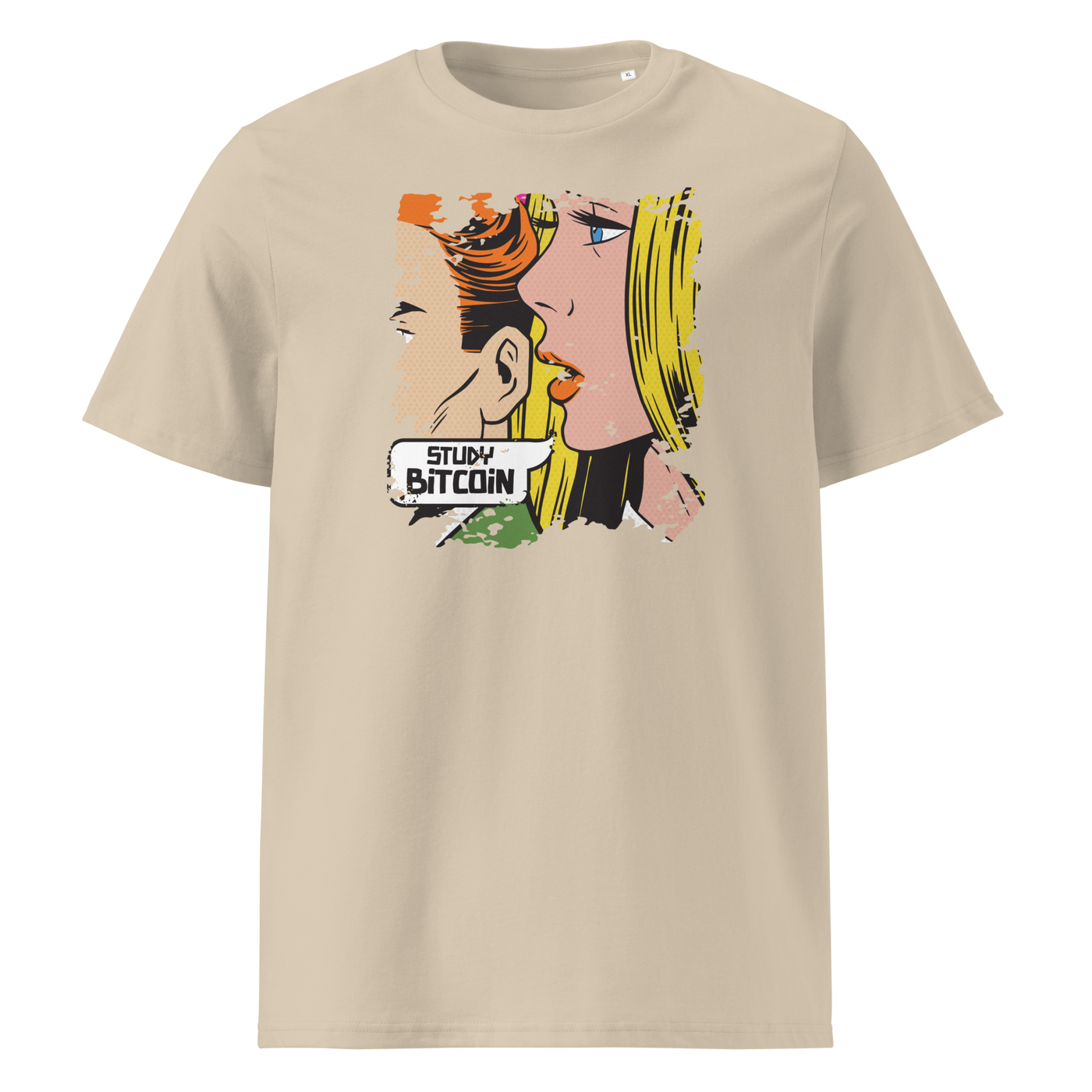 Study Bitcoin organic cotton bitcoin t-shirt in Desert Dust, front view: a pop art comic scene of a couple whispering, captioned Study Bitcoin.