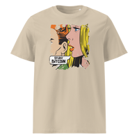 Study Bitcoin organic cotton bitcoin t-shirt in Desert Dust, front view: a pop art comic scene of a couple whispering, captioned Study Bitcoin.