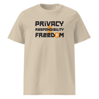 Privacy Responsibility Freedom organic cotton bitcoin t-shirt in Desert Dust, front view: Privacy Responsibility Freedom in white stencil letters, the O of Freedom an orange bitcoin coin.