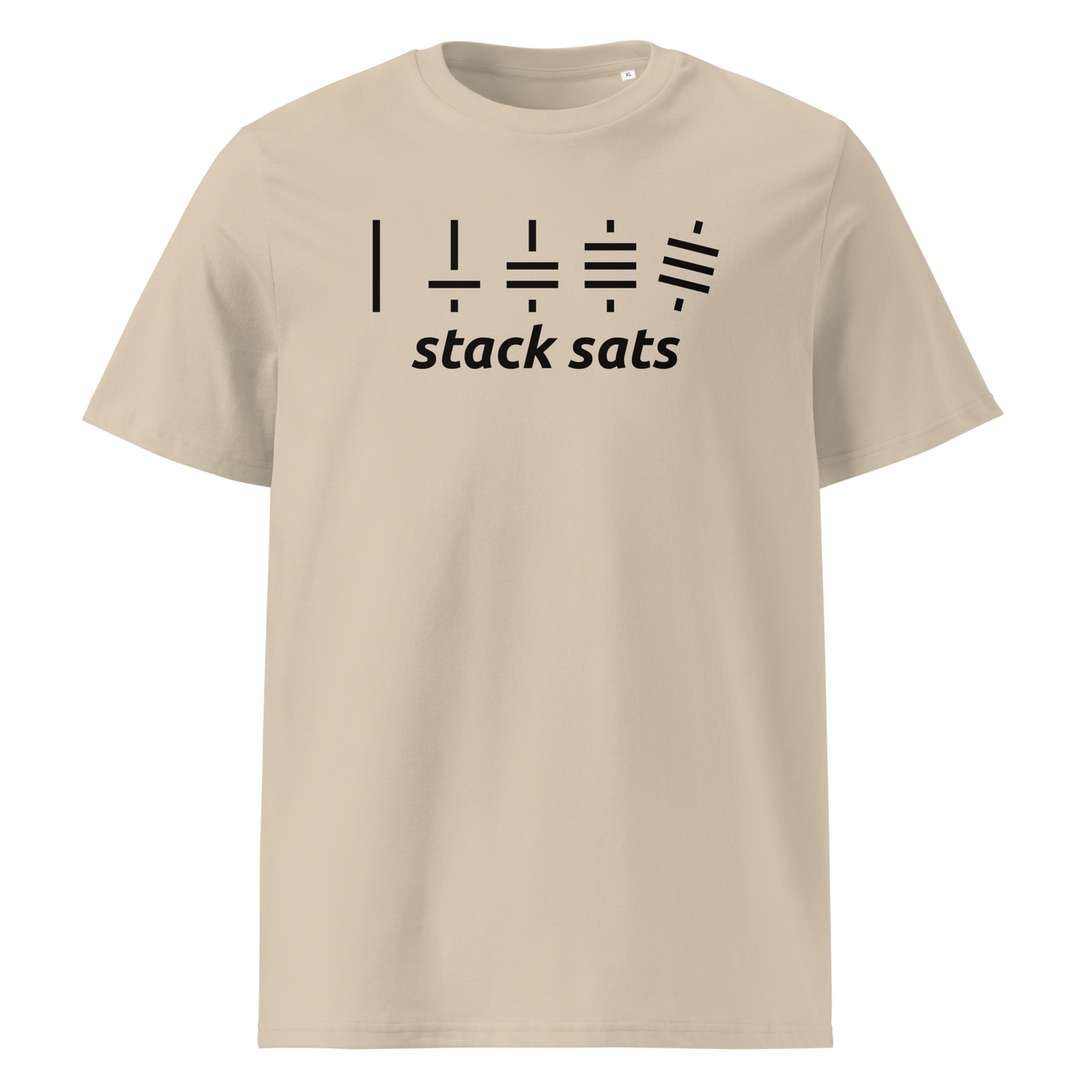 Stack Sats organic cotton bitcoin t-shirt in Desert Dust, front view: five rising stacks of lines above the words stack sats.
