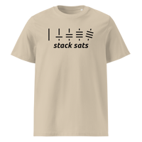 Stack Sats organic cotton bitcoin t-shirt in Desert Dust, front view: five rising stacks of lines above the words stack sats.