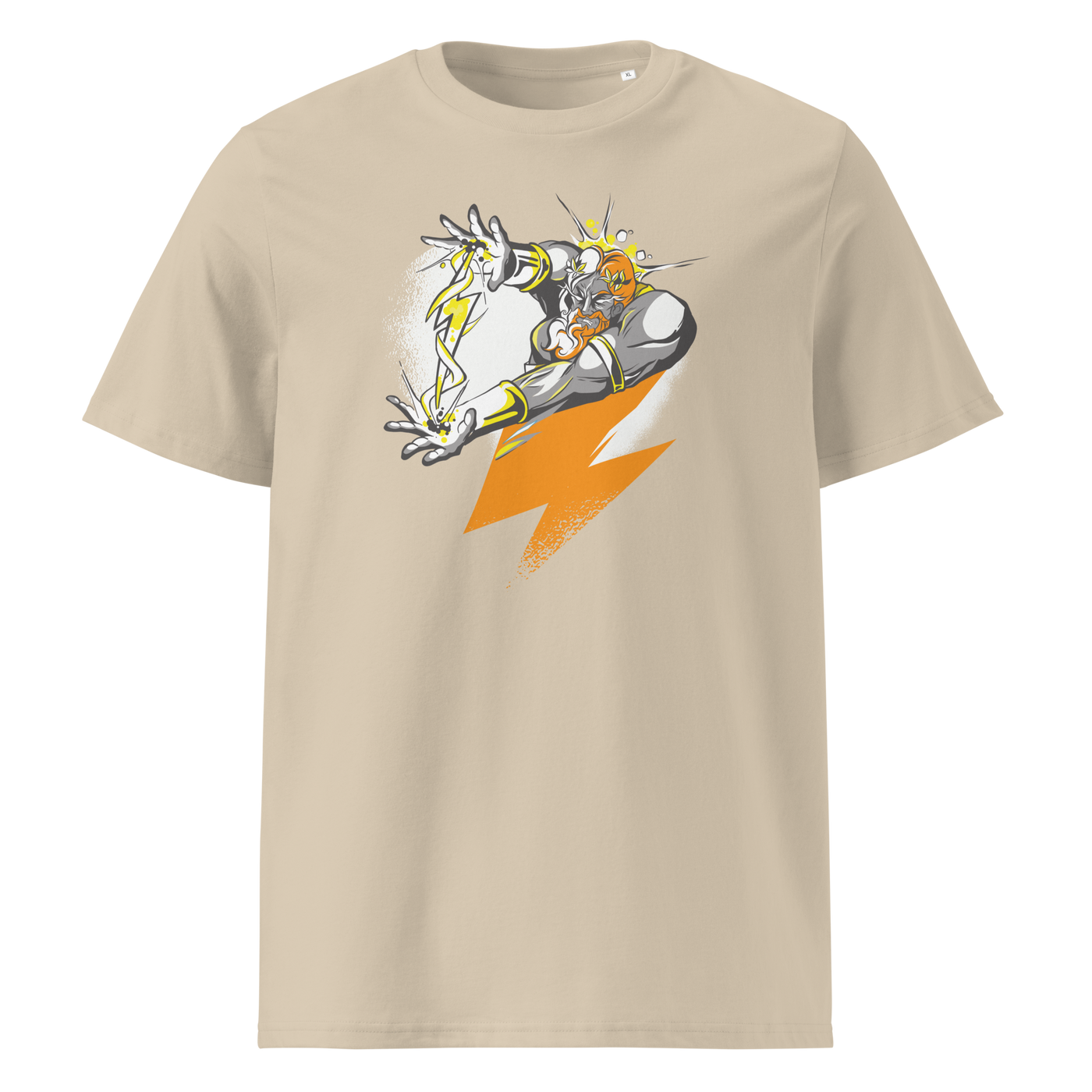 Bitcoin Support Zeus organic cotton bitcoin t-shirt in Desert Dust, front view: Zeus hurling an orange lightning bolt from a cloud.