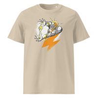 Bitcoin Support Zeus organic cotton bitcoin t-shirt in Desert Dust, front view: Zeus hurling an orange lightning bolt from a cloud.