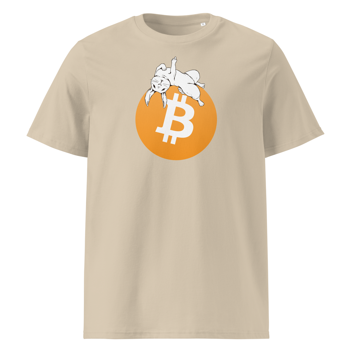 White Rabbit Bitcoin - F*** Fiat Money organic cotton bitcoin t-shirt in Desert Dust, front view: a white rabbit leaping over a large orange bitcoin coin.