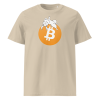 White Rabbit Bitcoin - F*** Fiat Money organic cotton bitcoin t-shirt in Desert Dust, front view: a white rabbit leaping over a large orange bitcoin coin.