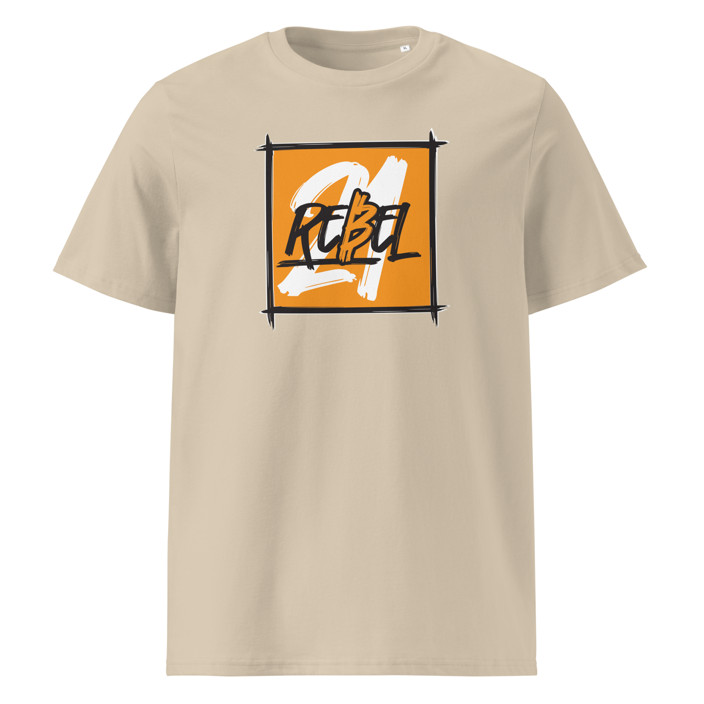 21 Rebel organic cotton bitcoin t-shirt in Desert Dust, front view: a brushed orange square with 21 REBEL in white and black lettering.