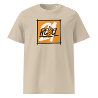 21 Rebel organic cotton bitcoin t-shirt in Desert Dust, front view: a brushed orange square with 21 REBEL in white and black lettering.