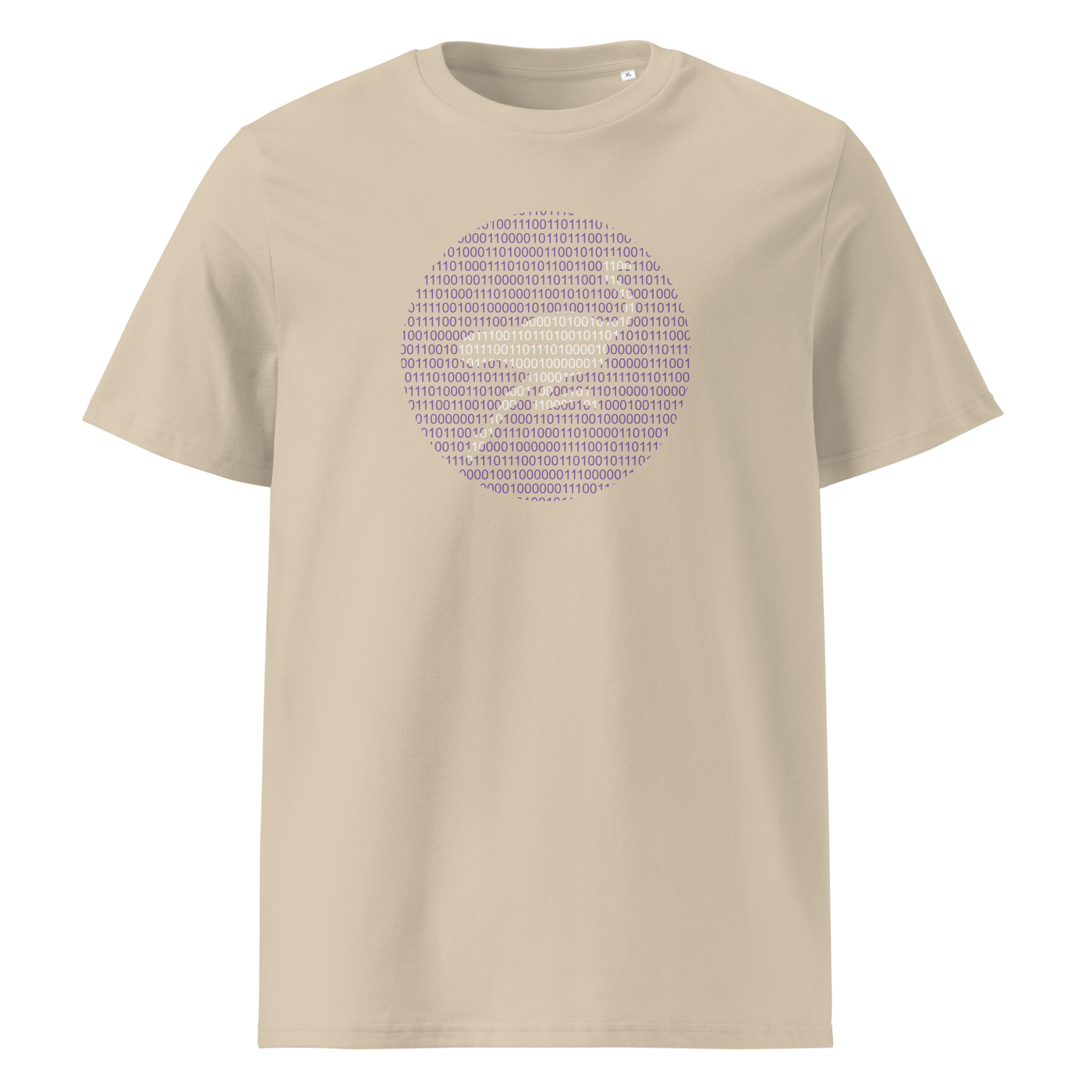 Nostr Binary organic cotton nostr t-shirt in Desert Dust, front view: a round emblem built from purple binary digits.