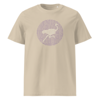 Nostr Binary organic cotton nostr t-shirt in Desert Dust, front view: a round emblem built from purple binary digits.
