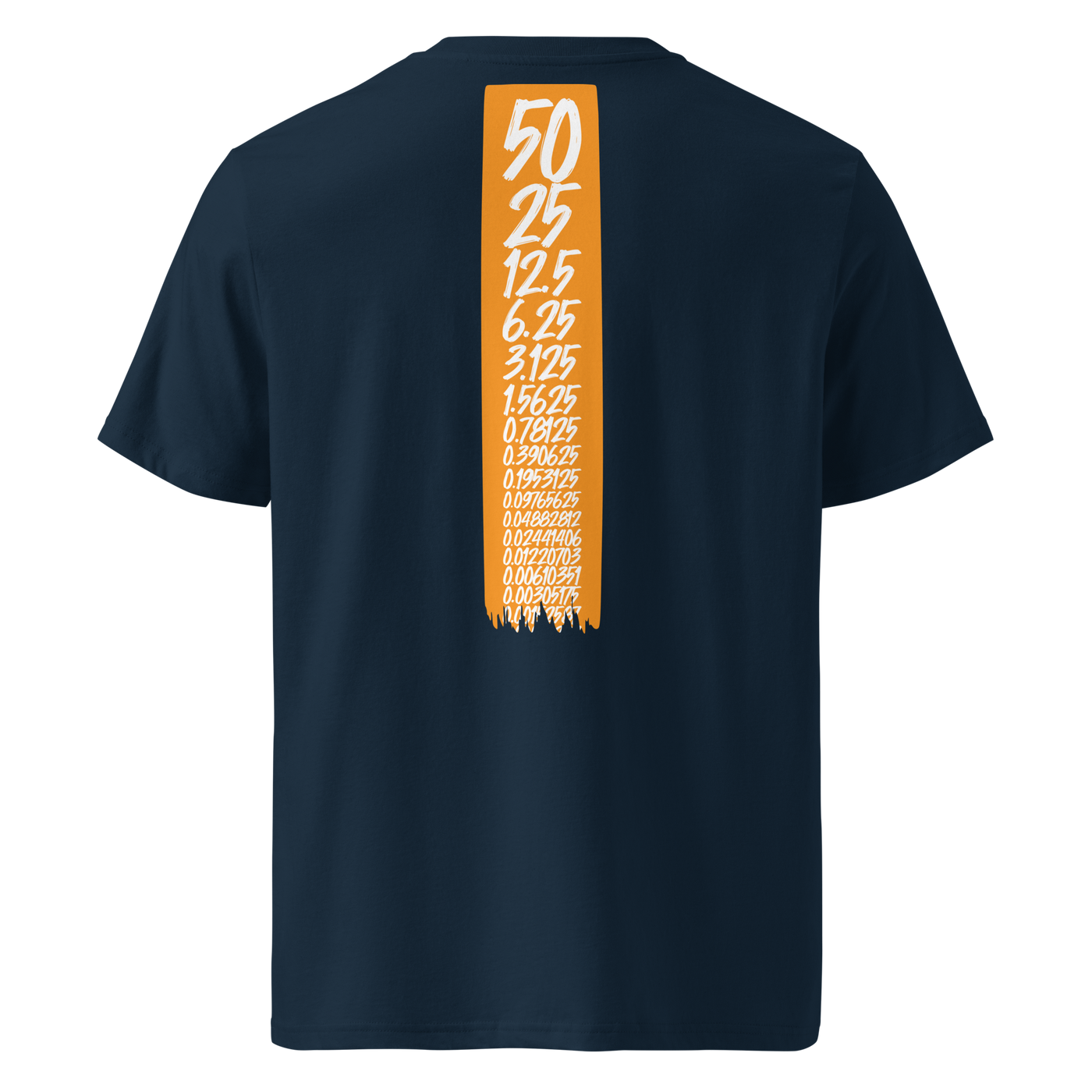 Bitcoin Halving organic cotton bitcoin t-shirt in French Navy, back view: an orange banner listing the halving block rewards from 50 down to 0.00190735.