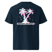 Betrüger anarcho late night organic cotton t-shirt in French Navy, back view: neon glitch palm trees above a banner reading Anarcho Late Night.