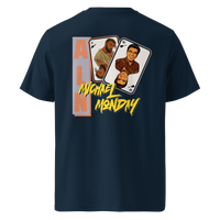 Michael Monday anarcho late night organic cotton t-shirt in French Navy, back view: two playing cards with illustrated portraits next to Michael Monday in yellow brush lettering.