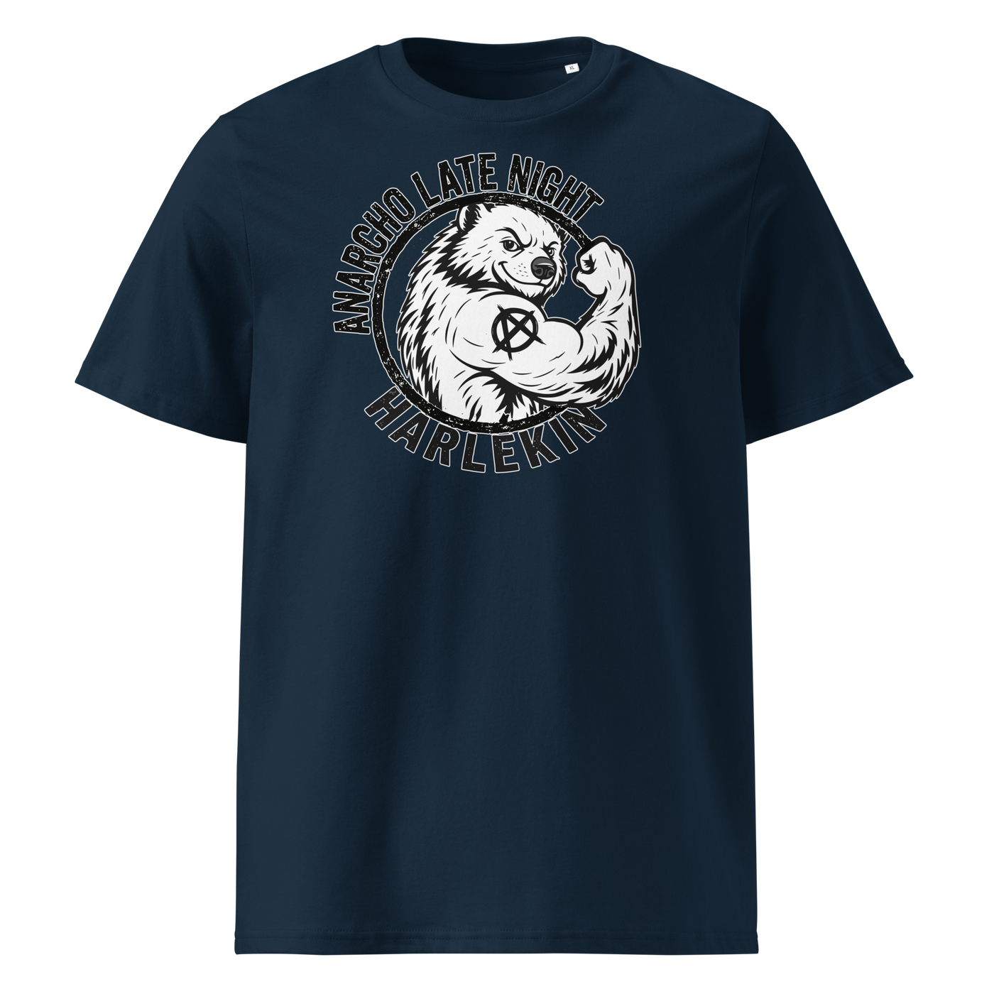 Anarcho Late Night organic cotton t-shirt in French Navy, front view: a round black emblem of a flexing badger reading Anarcho Late Night Harlekin.