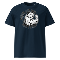 Anarcho Late Night organic cotton t-shirt in French Navy, front view: a round black emblem of a flexing badger reading Anarcho Late Night Harlekin.