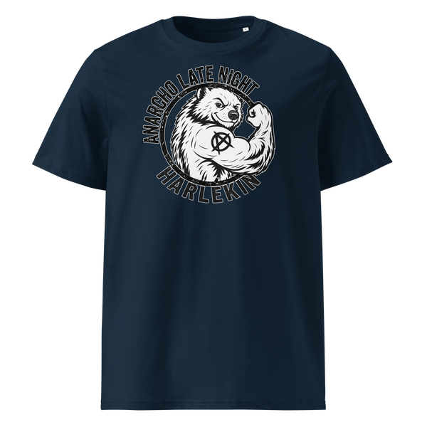 Anarcho Late Night organic cotton t-shirt in French Navy, front view: a round black emblem of a flexing badger reading Anarcho Late Night Harlekin.