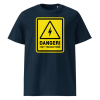 Lightning - Danger! Fast Transactions organic cotton bitcoin t-shirt in French Navy, front view: a yellow warning sign with a lightning bolt reading Danger! Fast Transactions.
