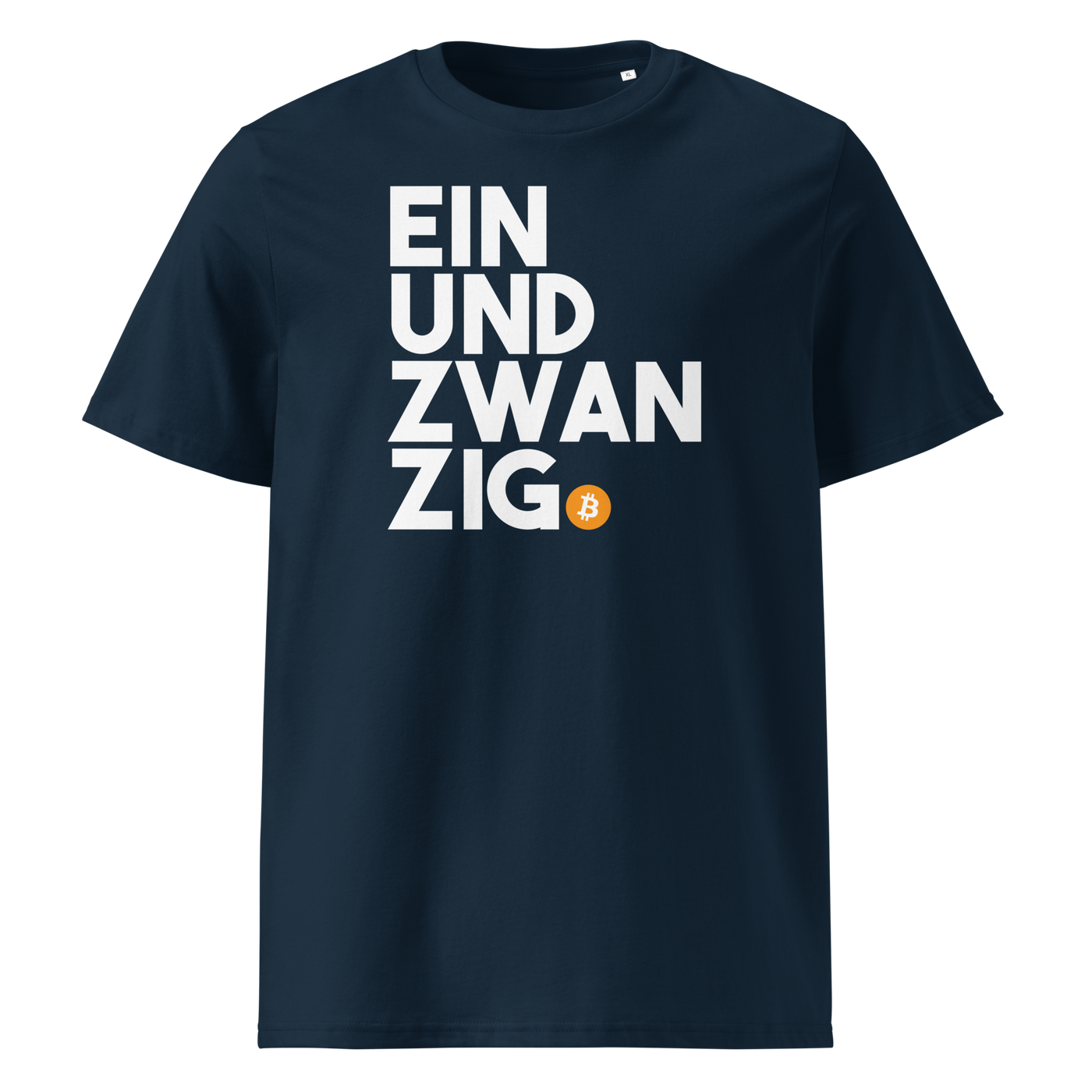 Einundzwanzig organic cotton bitcoin t-shirt in French Navy, front view: Einundzwanzig stacked in black block letters with an orange bitcoin coin.