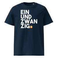 Einundzwanzig organic cotton bitcoin t-shirt in French Navy, front view: Einundzwanzig stacked in black block letters with an orange bitcoin coin.