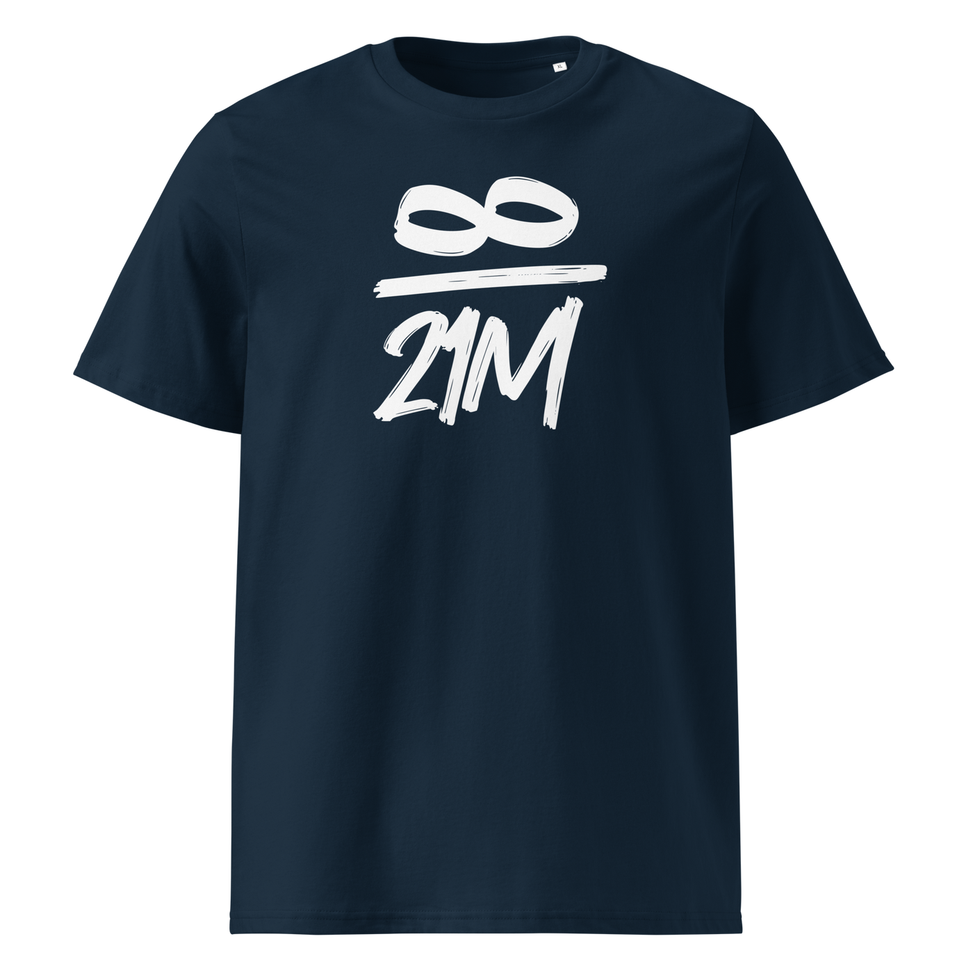 Infinity / 21 Million organic cotton bitcoin t-shirt in French Navy, front view: an infinity symbol over 21M in black brush lettering.