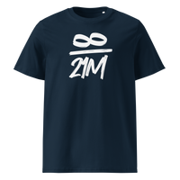 Infinity / 21 Million organic cotton bitcoin t-shirt in French Navy, front view: an infinity symbol over 21M in black brush lettering.