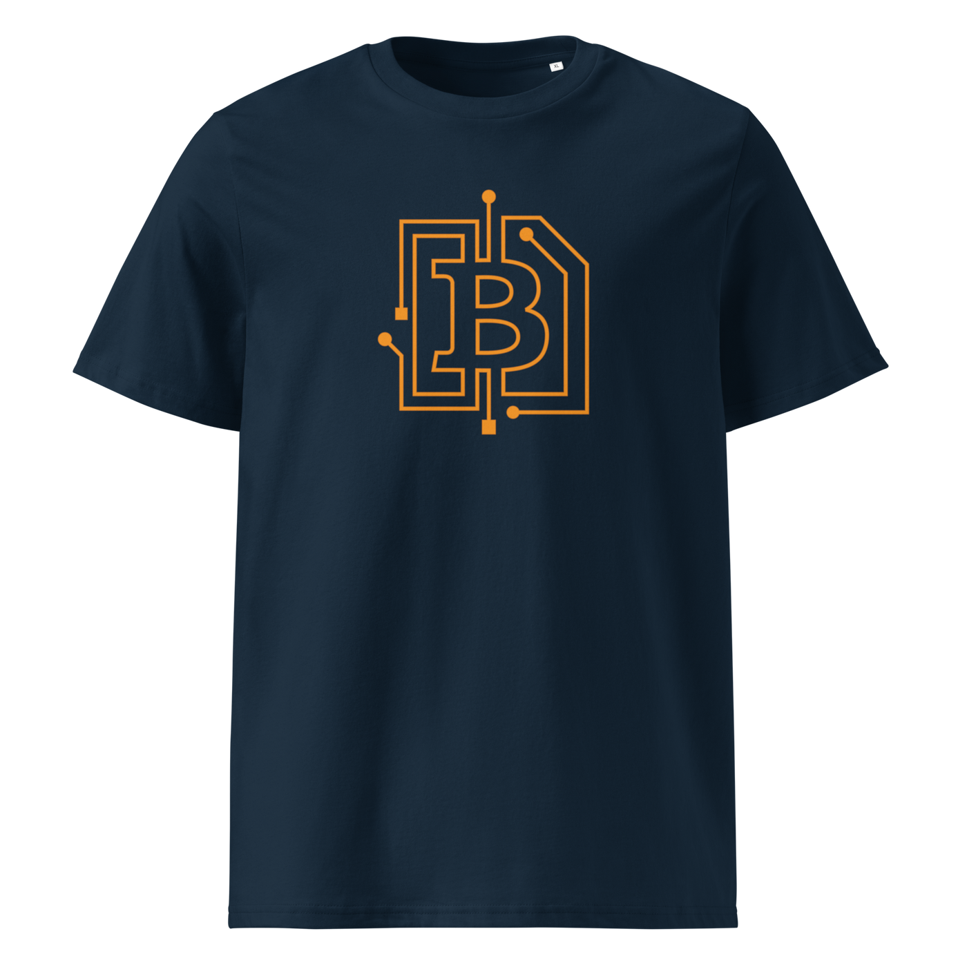 Circuit Board organic cotton bitcoin t-shirt in French Navy, front view: an orange bitcoin B drawn as circuit board traces.