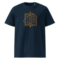Circuit Board organic cotton bitcoin t-shirt in French Navy, front view: an orange bitcoin B drawn as circuit board traces.