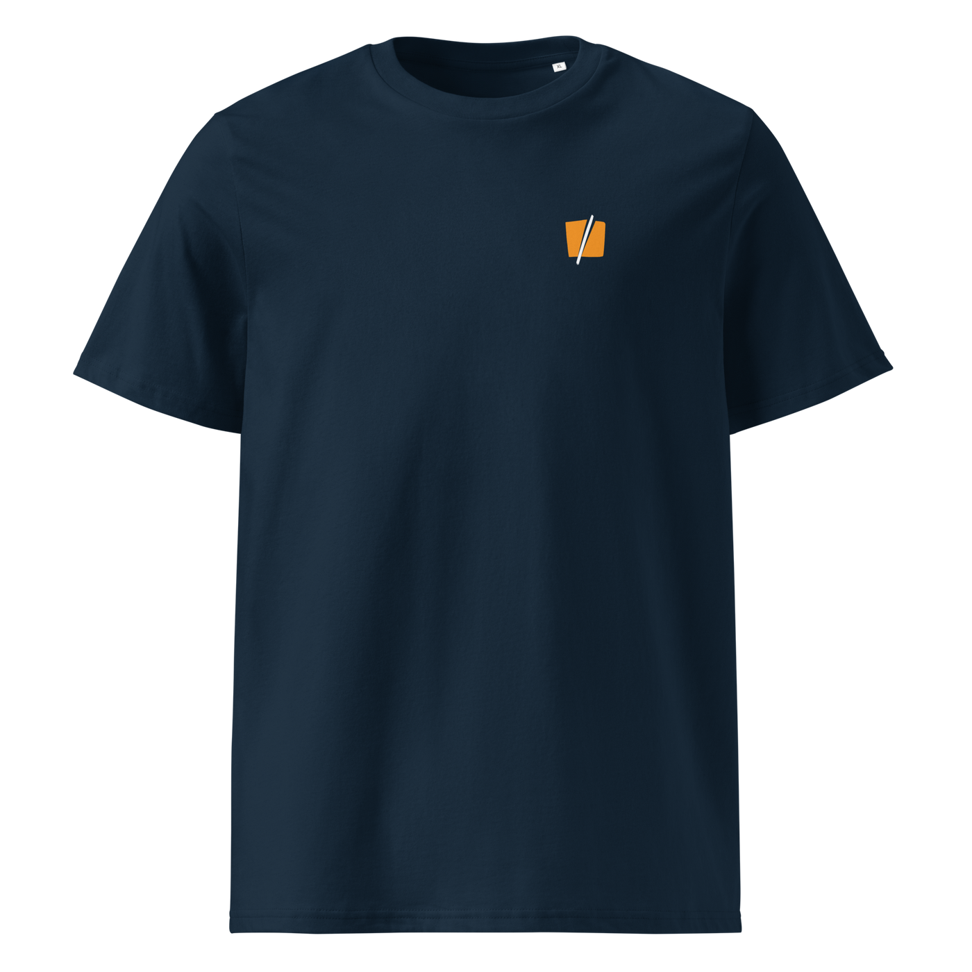 Bitcoin Halving organic cotton bitcoin t-shirt in French Navy, front view: a small halved orange bitcoin symbol on the left chest.