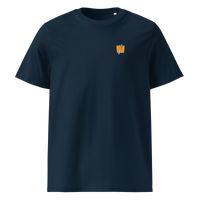Bitcoin Halving organic cotton bitcoin t-shirt in French Navy, front view: a small halved orange bitcoin symbol on the left chest.