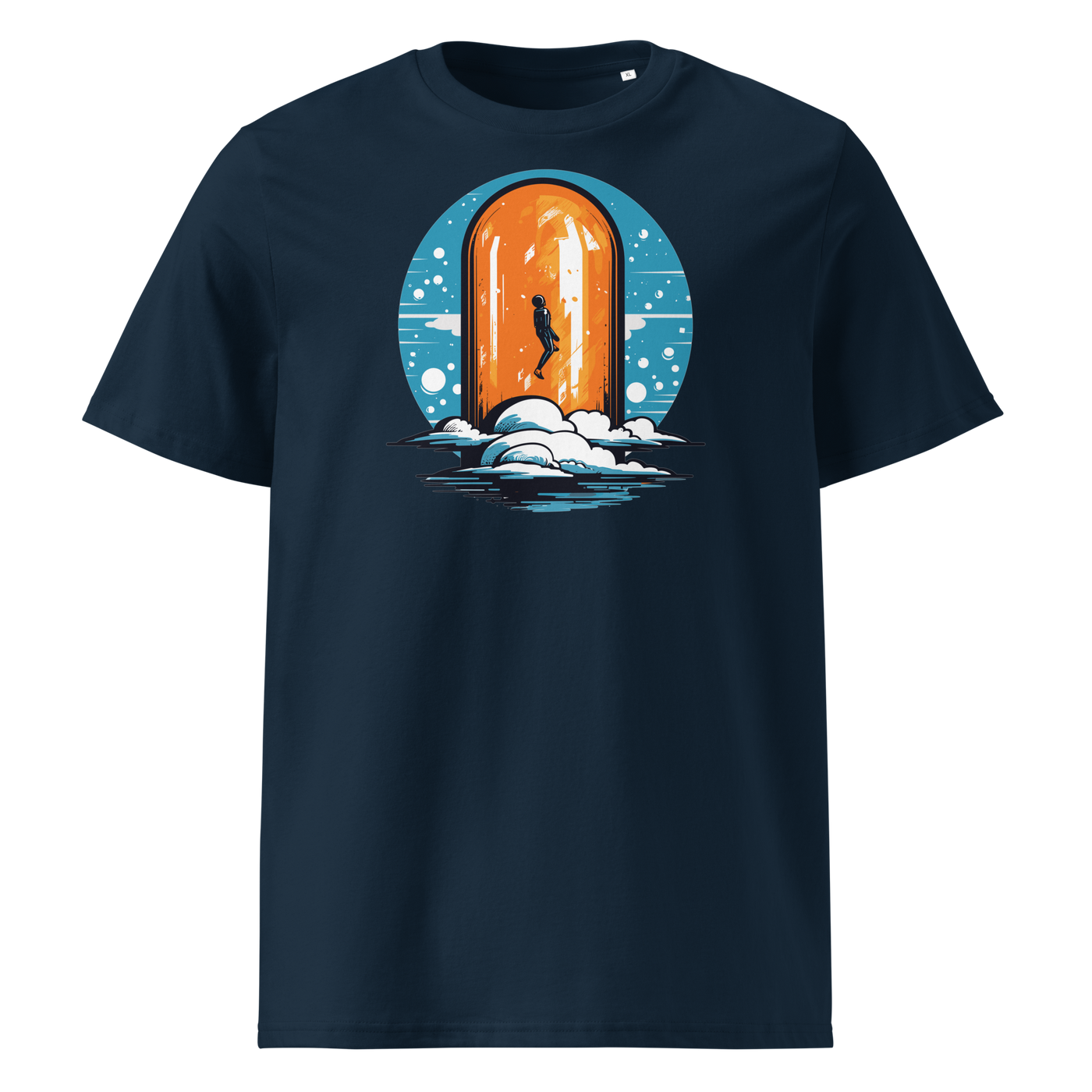 Orange Pill organic cotton bitcoin t-shirt in French Navy, front view: a silhouette stepping through an orange pill shaped doorway above the clouds.