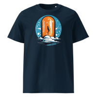 Orange Pill organic cotton bitcoin t-shirt in French Navy, front view: a silhouette stepping through an orange pill shaped doorway above the clouds.