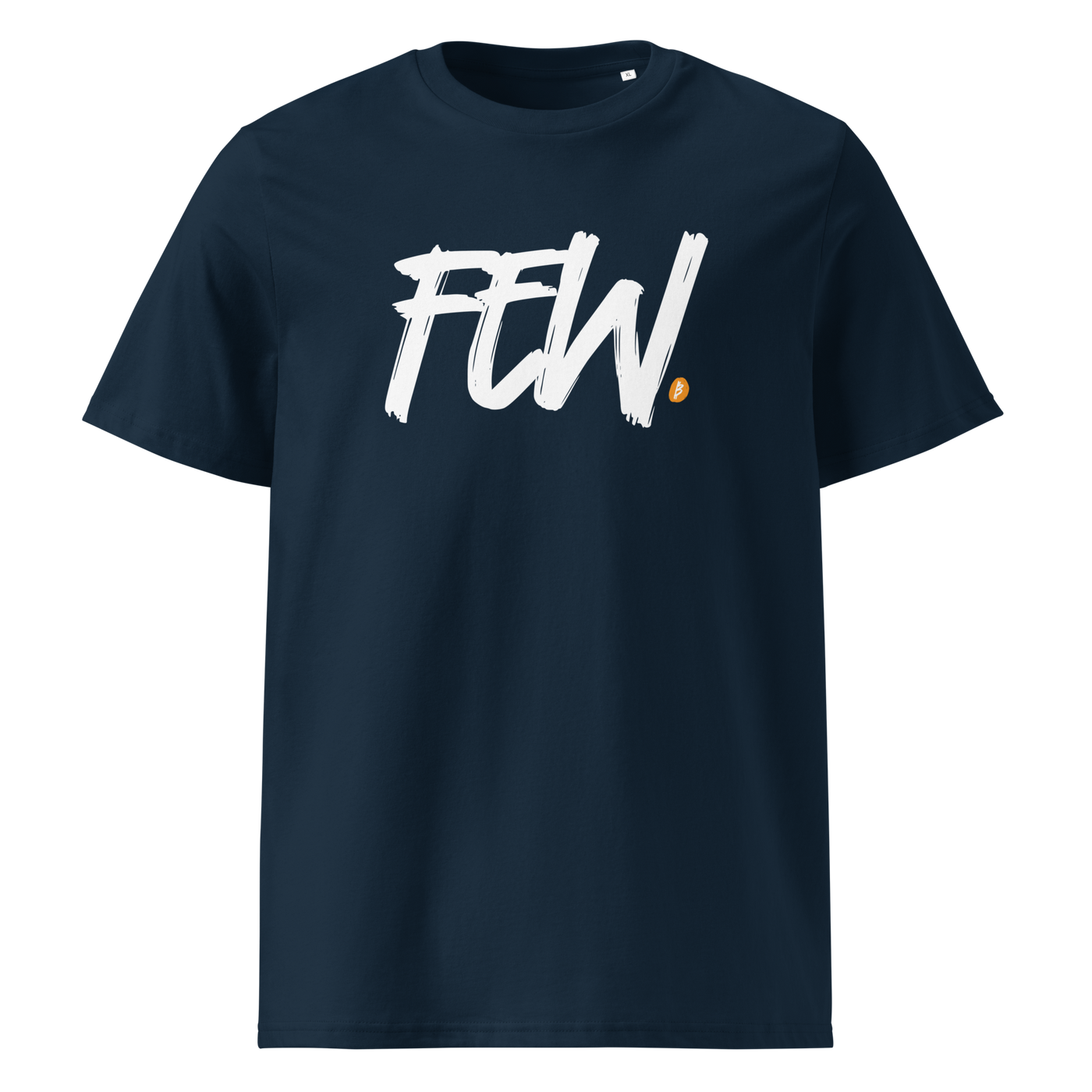 Few organic cotton bitcoin t-shirt in French Navy, front view: FEW. in black brush lettering with an orange bitcoin dot.