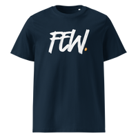 Few organic cotton bitcoin t-shirt in French Navy, front view: FEW. in black brush lettering with an orange bitcoin dot.