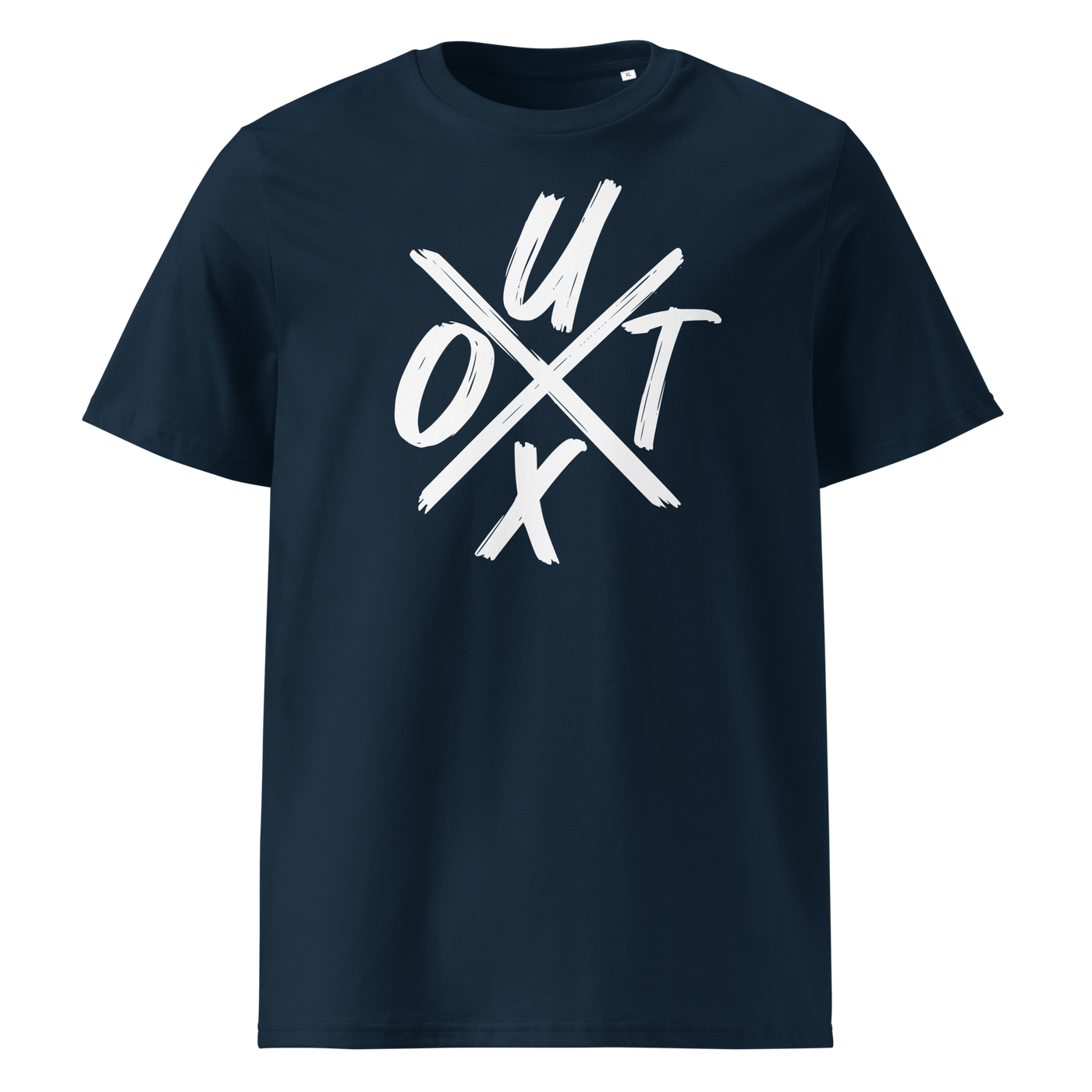 UTXO Management organic cotton bitcoin t-shirt in French Navy, front view: the letters UTXO arranged around a brushed cross.