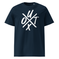 UTXO Management organic cotton bitcoin t-shirt in French Navy, front view: the letters UTXO arranged around a brushed cross.