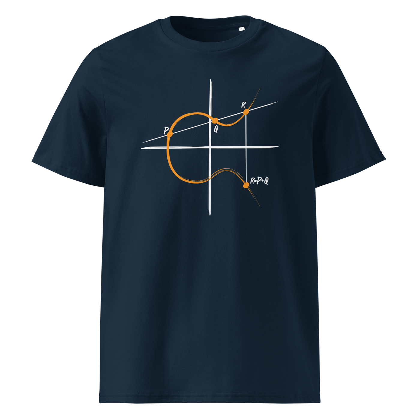 Elliptic Curve Cryptography organic cotton bitcoin t-shirt in French Navy, front view: a line drawing of an elliptic curve with the points P, Q and R.