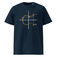 Elliptic Curve Cryptography organic cotton bitcoin t-shirt in French Navy, front view: a line drawing of an elliptic curve with the points P, Q and R.
