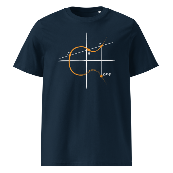 Elliptic Curve Cryptography organic cotton bitcoin t-shirt in French Navy, front view: a line drawing of an elliptic curve with the points P, Q and R.