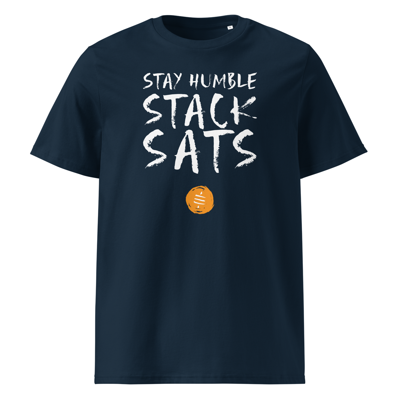 Stay Humble Stack Sats organic cotton bitcoin t-shirt in French Navy, front view: Stay Humble Stack Sats in black lettering above an orange sats coin.
