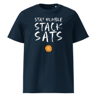 Stay Humble Stack Sats organic cotton bitcoin t-shirt in French Navy, front view: Stay Humble Stack Sats in black lettering above an orange sats coin.