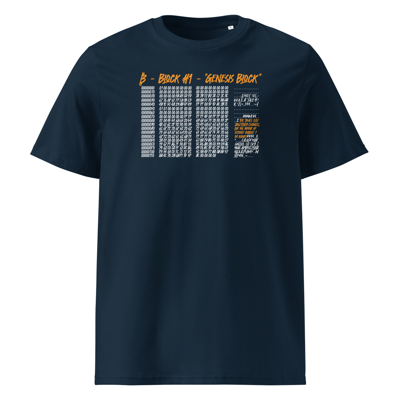 Genesis Block organic cotton bitcoin t-shirt in French Navy, front view: the raw data of Bitcoin's genesis block in grey and orange.