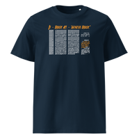 Genesis Block organic cotton bitcoin t-shirt in French Navy, front view: the raw data of Bitcoin's genesis block in grey and orange.