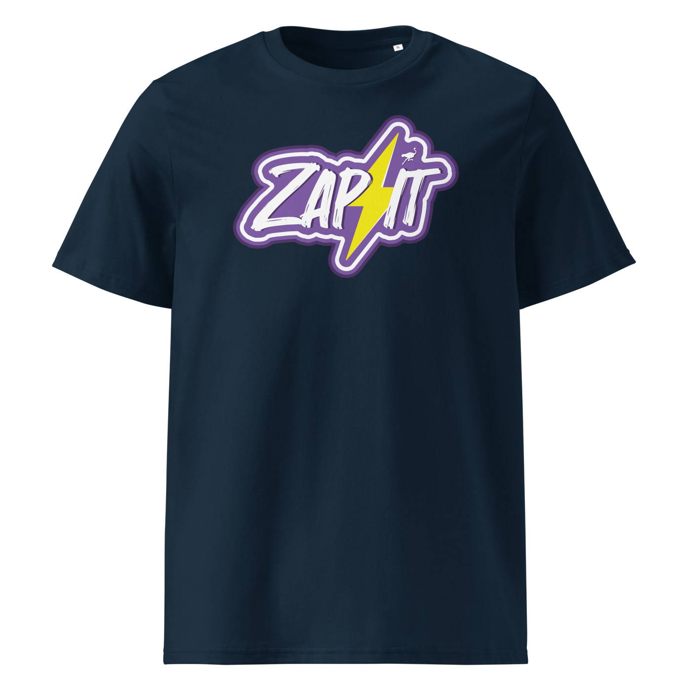 Zap It Nostr organic cotton nostr t-shirt in French Navy, front view: Zap It in purple graffiti letters with a yellow lightning bolt.
