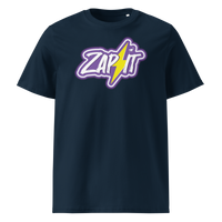 Zap It Nostr organic cotton nostr t-shirt in French Navy, front view: Zap It in purple graffiti letters with a yellow lightning bolt.