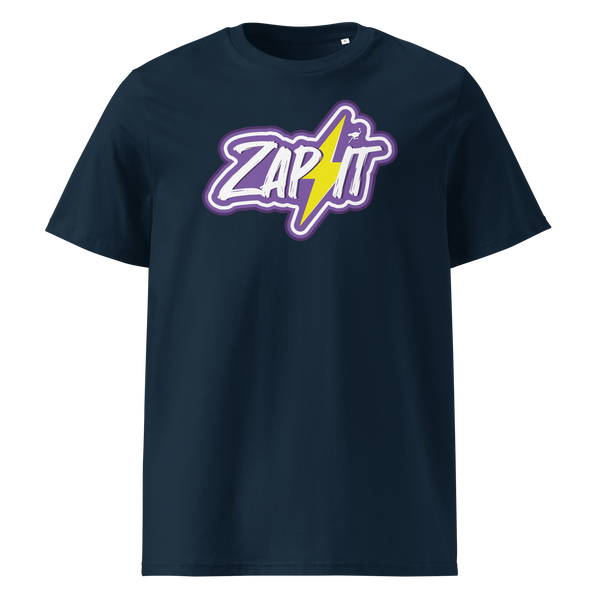 Zap It Nostr organic cotton nostr t-shirt in French Navy, front view: Zap It in purple graffiti letters with a yellow lightning bolt.