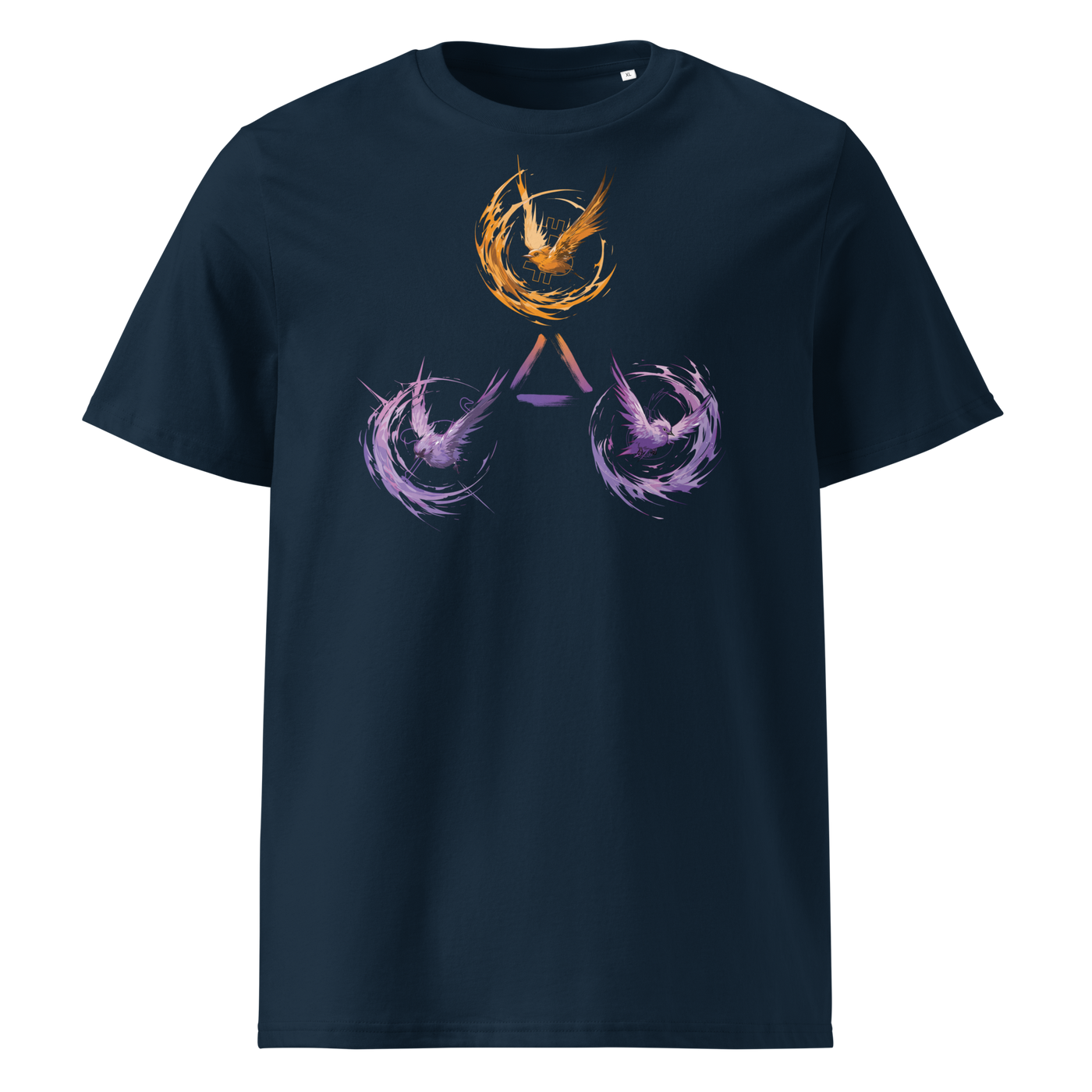 Trinity of Freedom organic cotton bitcoin t-shirt in French Navy, front view: three stylised birds, one orange and two purple, around a triangle.