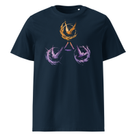 Trinity of Freedom organic cotton bitcoin t-shirt in French Navy, front view: three stylised birds, one orange and two purple, around a triangle.