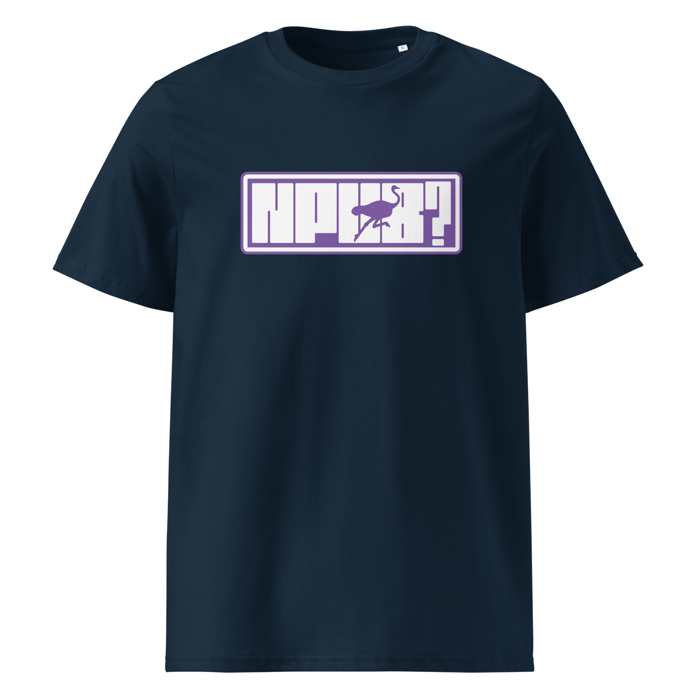nPub Nostr organic cotton nostr t-shirt in French Navy, front view: nPub in purple letters in a frame with an ostrich.