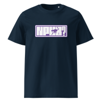 nPub Nostr organic cotton nostr t-shirt in French Navy, front view: nPub in purple letters in a frame with an ostrich.
