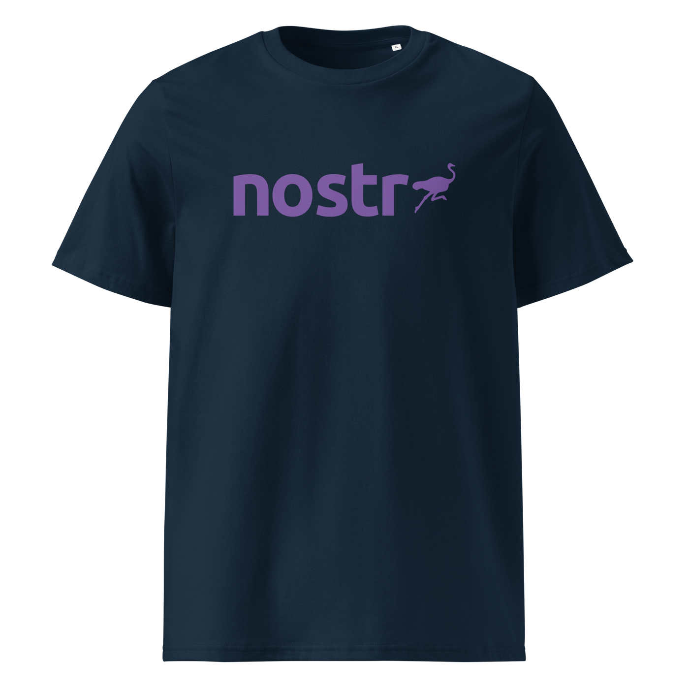 Nostr organic cotton nostr t-shirt in French Navy, front view: the nostr wordmark in purple with an ostrich.