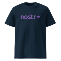 Nostr organic cotton nostr t-shirt in French Navy, front view: the nostr wordmark in purple with an ostrich.